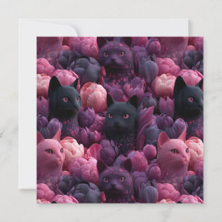 Surreal Black Cat and Pink Peony Floral Pattern Card