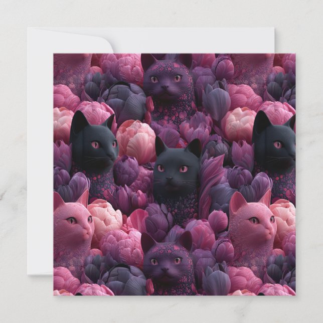Surreal Black Cat and Pink Peony Floral Pattern Card (Front)