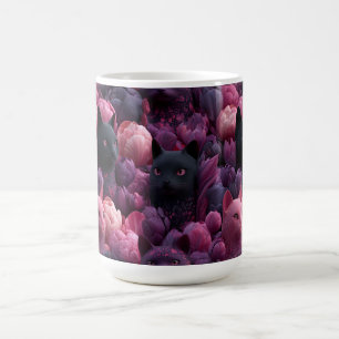 Surreal Black Cat and Pink Peony Floral Pattern Coffee Mug