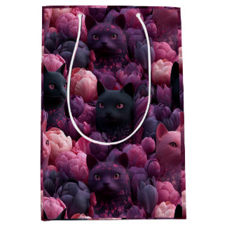 Surreal Black Cat and Pink Peony Floral Pattern Medium Gift Bag