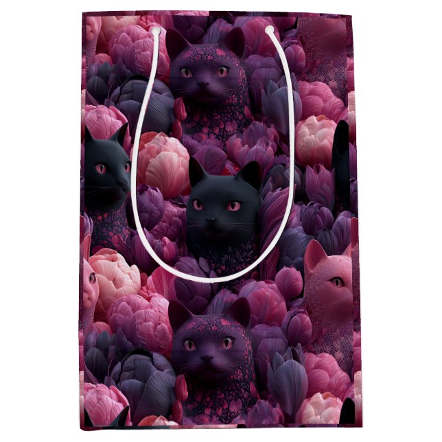 Surreal Black Cat and Pink Peony Floral Pattern Medium Gift Bag (Front)