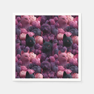 Surreal Black Cat and Pink Peony Floral Pattern Napkin
