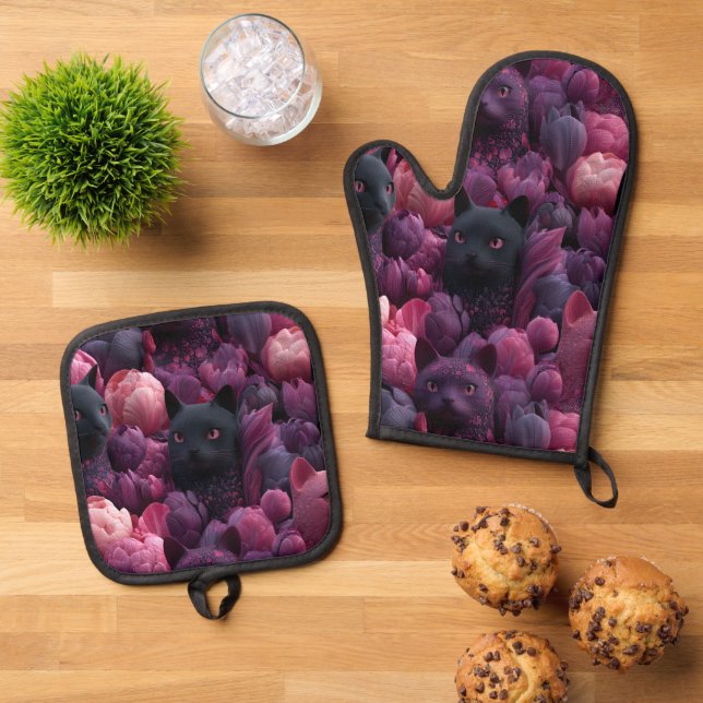 Surreal Black Cat and Pink Peony Floral Pattern Oven Mitt & Pot Holder Set (Top Down)