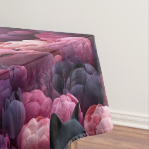 Surreal Black Cat and Pink Peony Floral Pattern Tablecloth