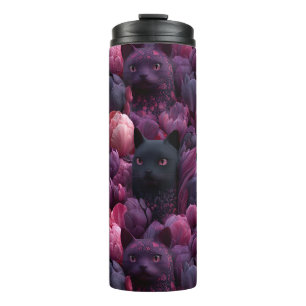 Surreal Black Cat and Pink Peony Floral Pattern Thermal Tumbler