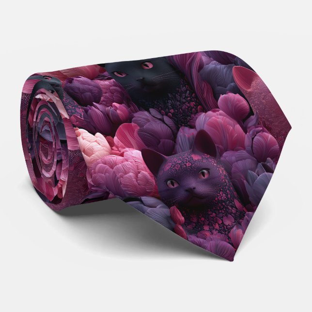 Surreal Black Cat and Pink Peony Floral Pattern Tie (Rolled)