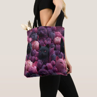 Surreal Black Cat and Pink Peony Floral Pattern Tote Bag