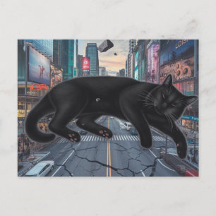 Surreal Black Cat Blocks City Street Postcard