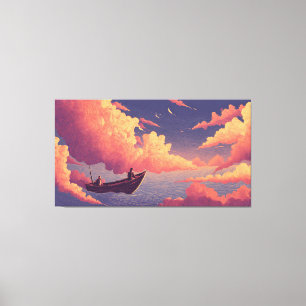Surreal Boat Sailing Across Sky Dreamlike Colorful Canvas Print