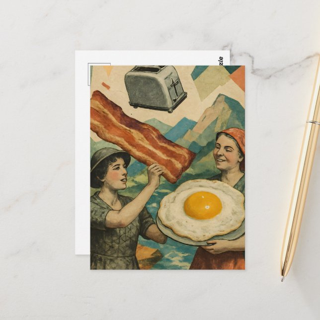Surreal Breakfast Woman Bacon and Eggs Toaster Postcard (Front/Back In Situ)