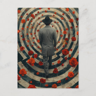 Surreal Business Man Red Roses Tunnel Collage Postcard