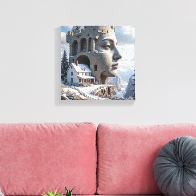 Surreal Castle Face in Snowy Mountains – Fantasy Canvas Print (Insitu(LivingRoom))