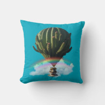 Surreal Cat Hot Air Balloon with Cactus & Rainbow