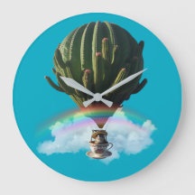 Surreal Cat Hot Air Balloon with Cactus & Rainbow