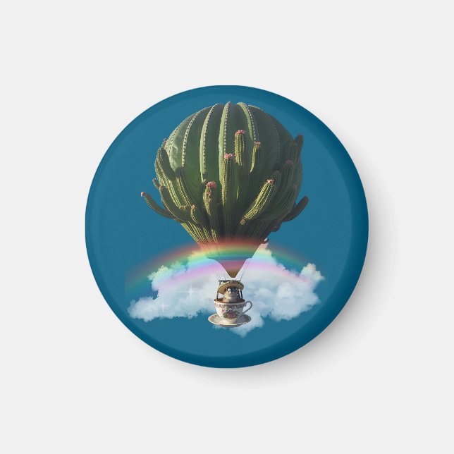 Surreal Cat Hot Air Balloon with Cactus & Rainbow Magnet (Front)