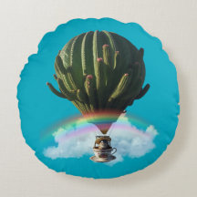 Surreal Cat Hot Air Balloon with Cactus & Rainbow