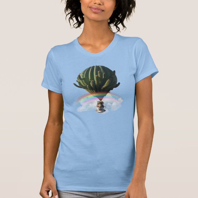 Surreal Cat Hot Air Balloon with Cactus & Rainbow T-Shirt (Front)
