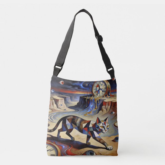 Surreal Cat Melting Clocks Dali Picasso Inspired Crossbody Bag (Front)