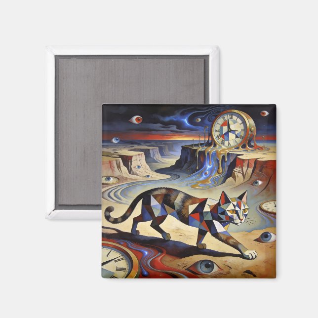 Surreal Cat Melting Clocks Dali Picasso Inspired Magnet (Front/Back)