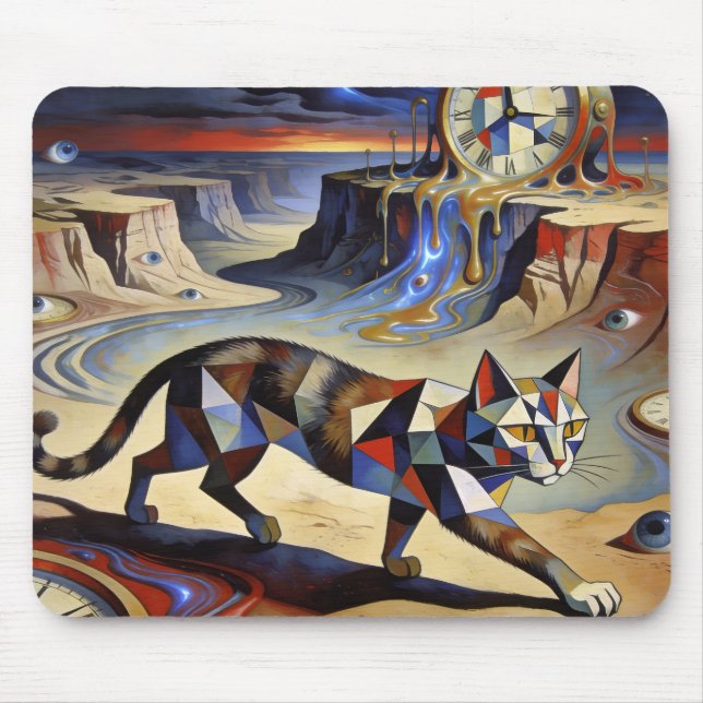Surreal Cat Melting Clocks Dali Picasso Inspired Mouse Pad (Front)
