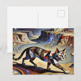 Surreal Cat Melting Clocks Dali Picasso Inspired Postcard
