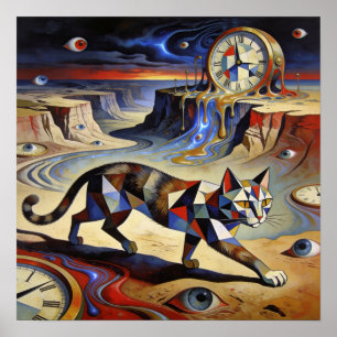 Surreal Cat Melting Clocks Dali Picasso Inspired Poster