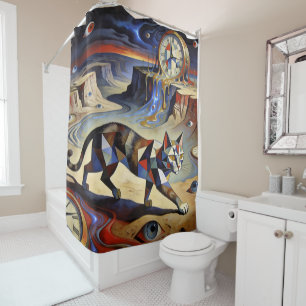 Surreal Cat Melting Clocks Dali Picasso Inspired Shower Curtain