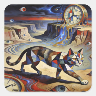 Surreal Cat Melting Clocks Dali Picasso Inspired Square Sticker