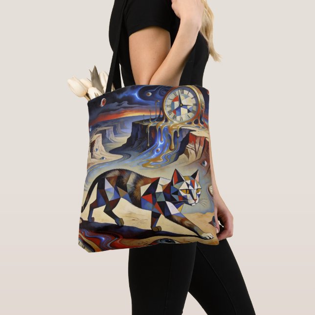 Surreal Cat Melting Clocks Dali Picasso Inspired Tote Bag (Close Up)