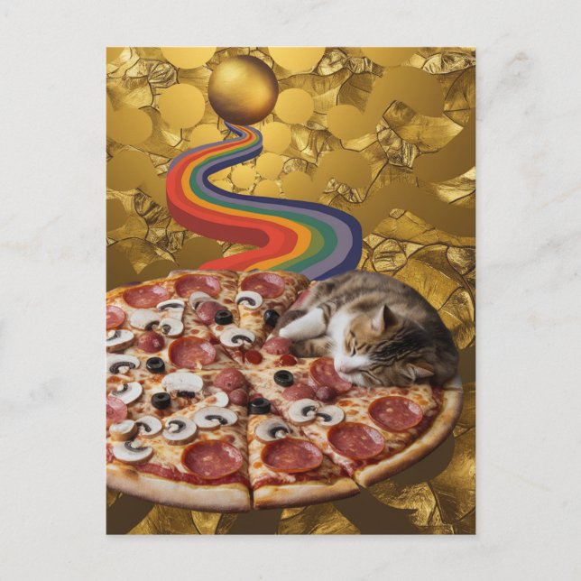 Surreal Cat on a Pizza Golden Rainbow Background Postcard (Front)