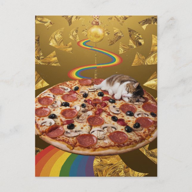Surreal Cat on a Pizza Golden Rainbow Background Postcard (Front)