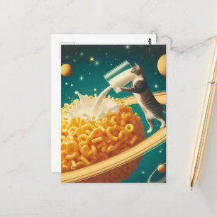 Surreal Cat With Glass of Milk on Planet of Pasta Postcard