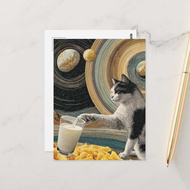 Surreal Cat With Milk in Space Postcard (Front/Back In Situ)