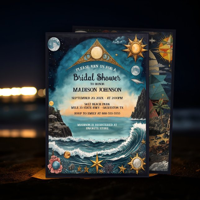 Surreal Celestial Seascape Mystical Bridal Shower Invitation (Mystical coastal bridal shower invitation with dark romance celestial aesthetic in an ocean collage.)