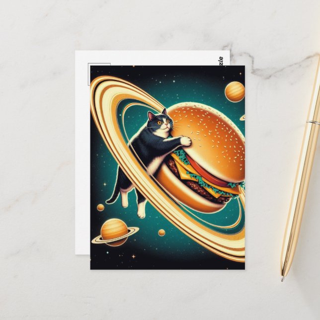 Surreal Cheeseburger Planet Cat Postcard (Front/Back In Situ)