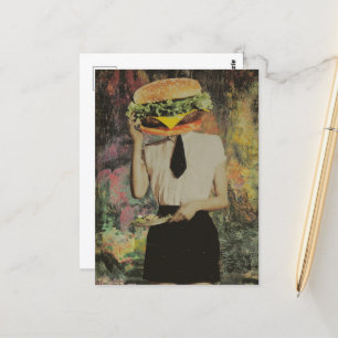 Surreal Cheeseburger Woman Holds Salad Plate Postcard