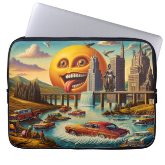 “Surreal Cityscape with Anthropomorphic Sun” Laptop Sleeve