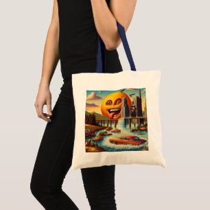 “Surreal Cityscape with Anthropomorphic Sun” Tote Bag