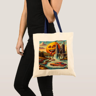 “Surreal Cityscape with Anthropomorphic Sun” Tote Bag