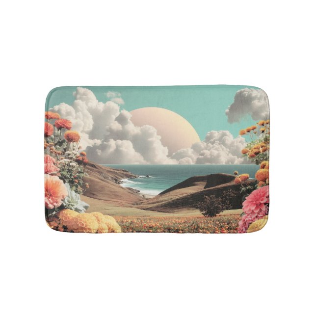 Surreal Coastal Landscape With Flowers And Clouds Bath Mat (Front)