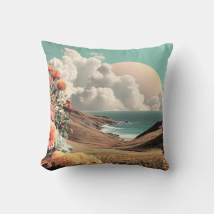 Surreal Coastal Landscape With Flowers And Clouds Cushion