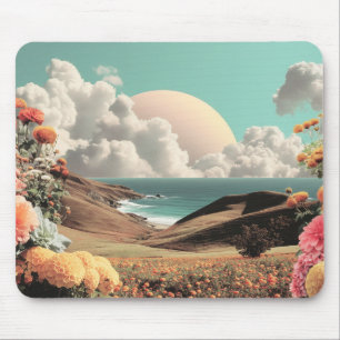 Surreal Coastal Landscape With Flowers And Clouds Mouse Pad