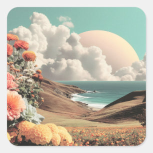 Surreal Coastal Landscape With Flowers And Clouds Square Sticker