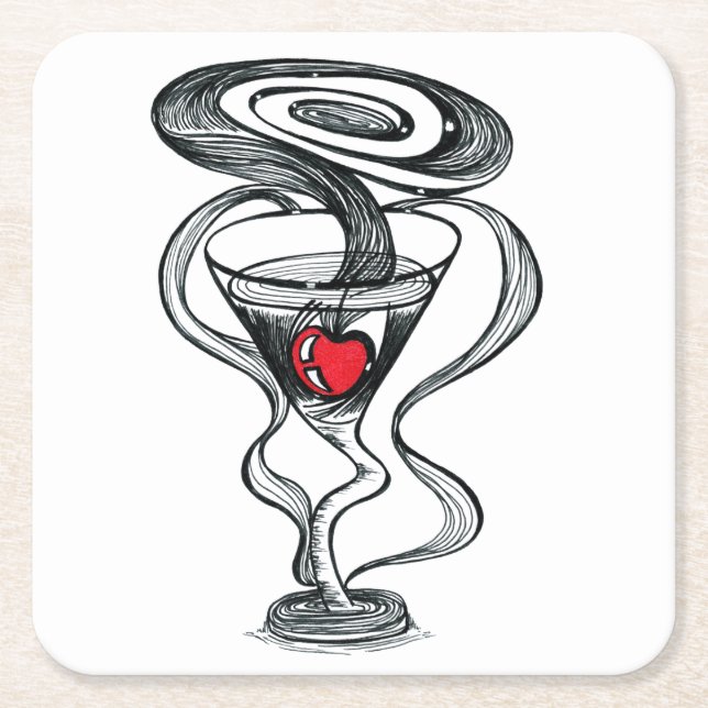 Surreal Cocktail Glass Heart Ink Drawing Coaster (Front)