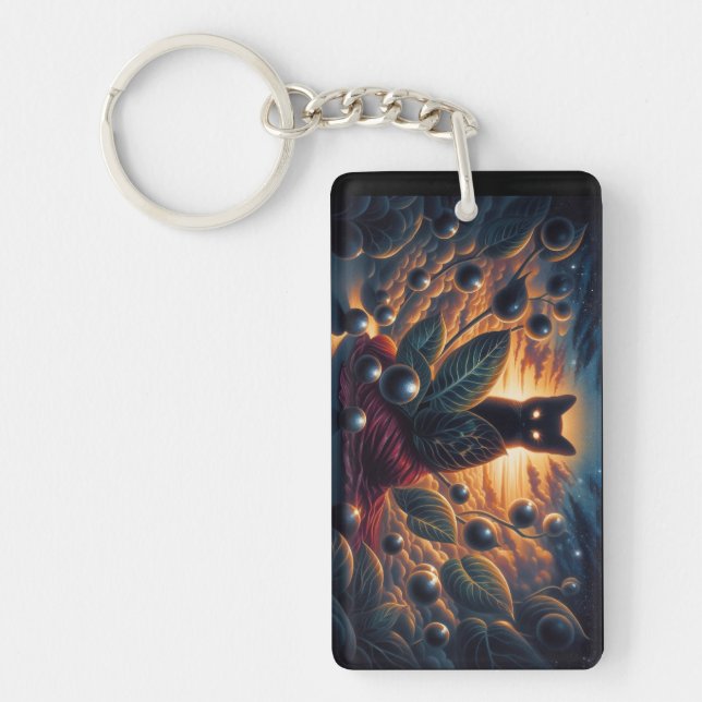 Surreal Cosmic Cat with Glowing Eyes and Stars Key Ring (Front)
