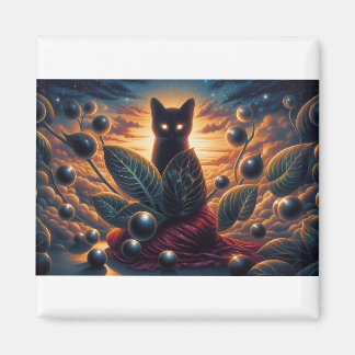 Surreal Cosmic Cat with Glowing Eyes and Stars Magnet