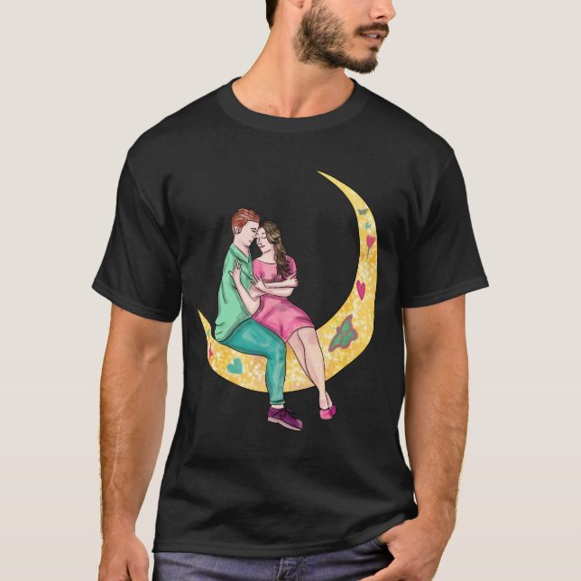 Surreal Couple Art Sitting On The Moon   T-Shirt (Front)