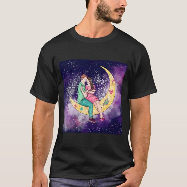 Surreal Couple Art Sitting On The Moon With Stars  T-Shirt (Front)