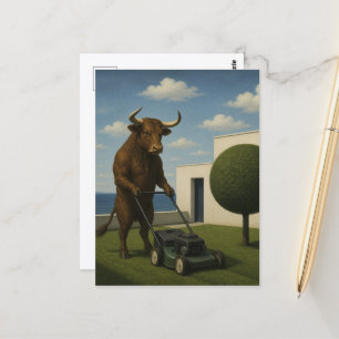 Surreal Cow Mowing the Lawn Postcard