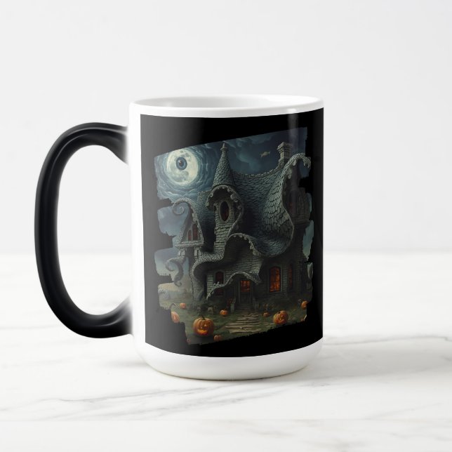 Surreal Creepy Haunted House with Pumpkins & Moon Magic Mug (Left)
